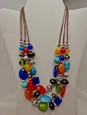 18  3 Strand Fashion Necklace W/3  Chain Ext. Multi-colored Beads • $12.99