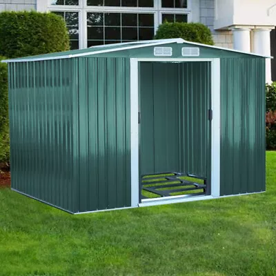 10X8FT Metal Garden Shed Apex Roof With Free Foundation Base Storage House Green • £409.95