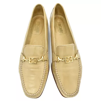 Vtg ESCADA Gold/Tan Leather Signature Moccasin Style Flats Loafers Shoes Sz 9 • $89.99