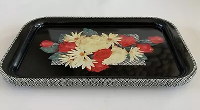 Lot Of 4 Vintage MCM Metal TV Lap Bed Dinner Tray Floral Flowers Black 14+ X 8.5 • $15