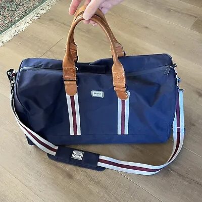 Herschel Supply Co Novel Duffle Bag Navy Blue Tote Pink Candy Stripe Lining FLAW • $16