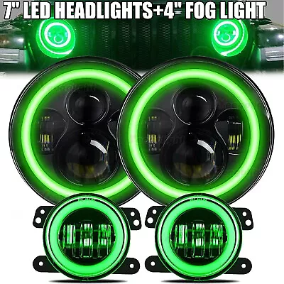 $116.68 • Buy 2x 7  LED Headlights Green Halo DRL 4  LED Fog Lights Combo For Jeep Wrangler JK