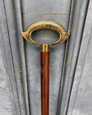 Antique Walking Stick With Imperial Design Brass Head Handle Vintage Wooden Cane • $36