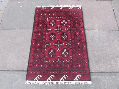Vintage Traditional Hand Made Afghan Oriental Wool Rich Red Small Rug 115x77cm • £115