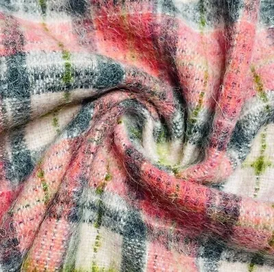 £0.99 • Buy Check Tartan Wool Blend Fabric Grey Pink And Green 55  Wide
