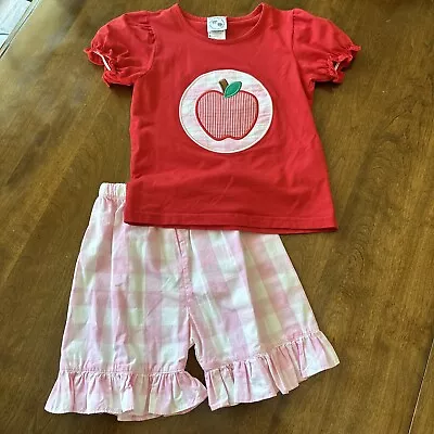 Smock Monkey Size 4 Red Apple Appliqué Pink White Check Ruffled Capri Outfit • $24.99