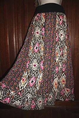 Southwest Aztec Boho Maxi Skirt M/L  Festival Black Ivory Pink Fold Over Stretch • $19.99