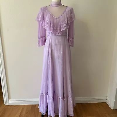 Vintage Roberta California Violet Lace Ruffle Prairie Victorian Maxi Dress Sz 9 • $52.99