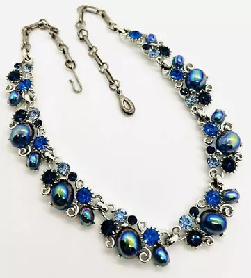 LISNER Oil Slick Glass Cabochon Blue Rhinestone Necklace Signed Vintage Jewelry • $165