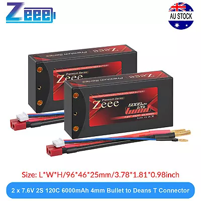 2x Zeee 7.6V 120C 6000mAh 2S Shorty LiPo Battery 4mm Bullet To Deans For RC Car • $108.99