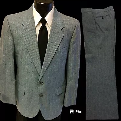 2 Pc Vtg 60s MoD STEEL BLUE Pin Stripe Sport Coat Suit 40 Flat Front Trousers 36 • $179.99