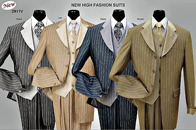 Men's 3 Piece Fashion Suit Luxurious Classic Pinstriped Wool Feel 4 Colors    • $97.98