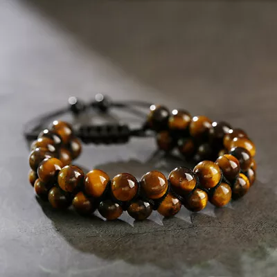 8MM Tiger Eye Natural Stone Beads Bracelet Double Row Men's Fashion Bracelets • $6.99