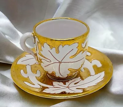 Vtg Italian Demitasse Cup Saucer Gold Leaves Espresso Hand Painted 7605 Red Clay • $41.99