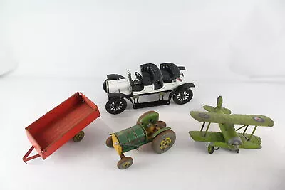 4 X LARGE Tin Plate Models Inc Vintage Mettoy Tractor Trailer RAF Plane Etc • £0.99