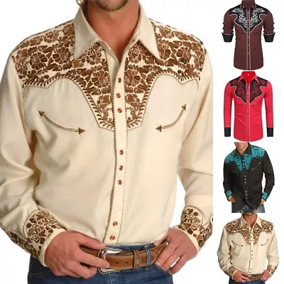 Men Western Long Sleeve Shirts Casual Slim Button Down Dress Shirt Blouse Tops • $14.53