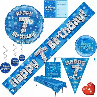 Blue Age 7th & Happy Birthday Decorations Buntings Banners Party Balloons Swirls • £4.50
