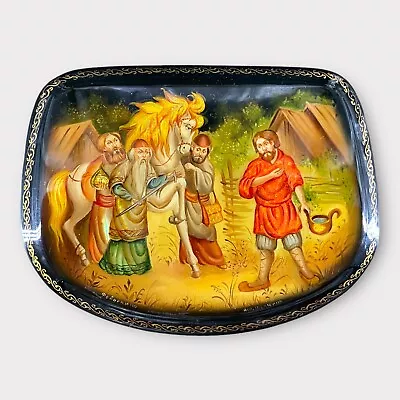 Vintage Russian Lacquer Box Hand Painted Folk Art Four Men W/ White Horse Scene • $24.99