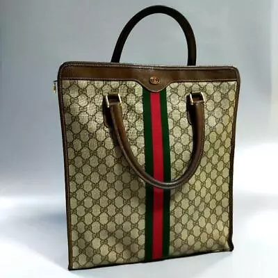 GUCCI GG Supreme Sherry Line Tote Bag Handbag Logo PVC Leather Brown Vintage • $359