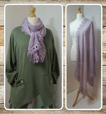 Bnwt Quirky Lagenlook Dusky Lilac Vintage-wash Lace-edged Large Scarf • £9.99