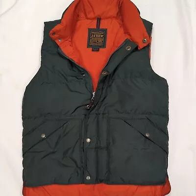 J.CREW Men’s Expedition Premium Down Puffer Vest Olive Green Orange Snap Zip S • $32.95