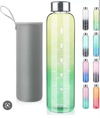 £17.49 • Buy Motivational Glass Water Bottle 1L Time Marker, Borosilicate Glass Hot Or Cold