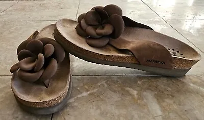 MEPHISTO Violette Air Relax Flower Flip Flop US 7.5 Brown Leather Thong Sandals • $49.99