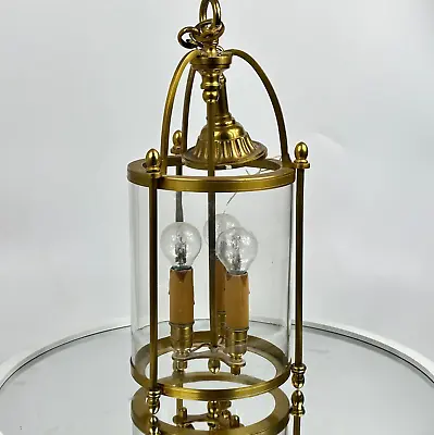 Vintage French Large Cylindrical Clear Glass & Brass Metal Tripple Hallway Light • £46