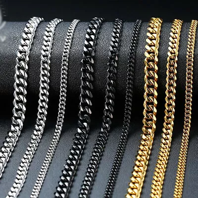 Mens Womens Chain Silver Gold Stainless Steel Cuban Link Chunky Necklace 3mm-9mm • £3.29