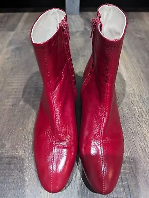 ZARA Women's Block Heel Ankle Zipper Boots Striking Red Leather Sz 5.5 • $22.99