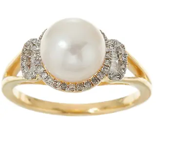 QVC Honora Cultured Pearl & Diamond Ring 14K Yellow Gold Size 5 • £457.25