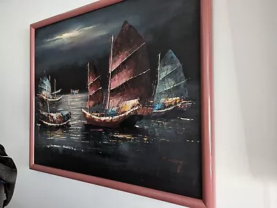 Vintage Original Oil Painting Asian Artist P.wong Seaside Seascape Boats • $399.99