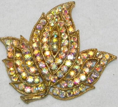 Vintage Aurora Rhinestone Gold Tone Maple Leaf Pin Brooch Hand Set Stones • $10