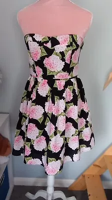 Cute 50s Vintage Style Short Strapless Dress Cotton 12 Floral Print Full Skirt • £4.99