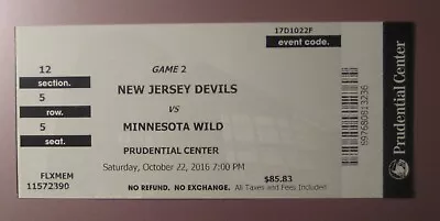 NJ Devils Minnesota Wild Ticket 10/22/2016 JOEL ERIKSSON EK Debut 1st Goal/Point • $39.99