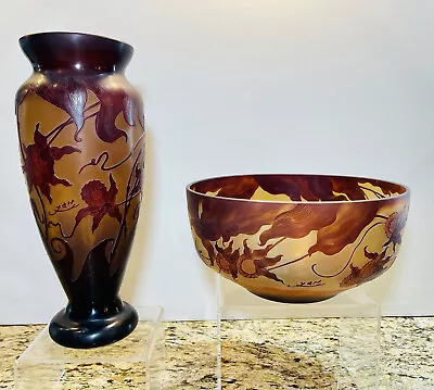 $500 • Buy Emile GALLE Signed Vase & Bowl MATCHING SET Art Nouveau Style CAMEO GLASS RARE!
