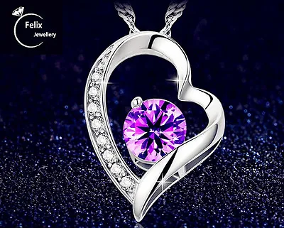 £3.49 • Buy Purple Crystal Heart Pendant 925 Sterling Silver Chain Necklace Women Jewellery