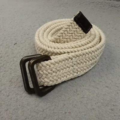 J. Crew Braided Off White Cotton Belt Brown Leather Trim Sz S/M 42 Ins D - Rings • $14.95