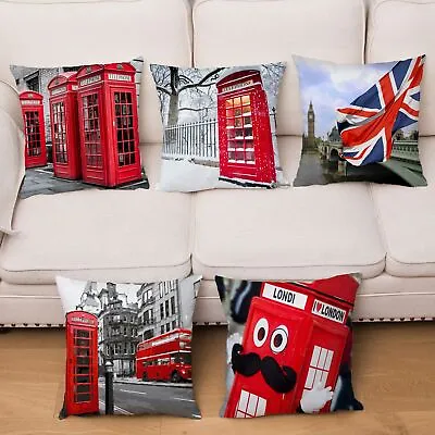 London Street Print Cushion Cover Red Phone Booth Bus Big Ben Pattern Pillowcase • £5.27