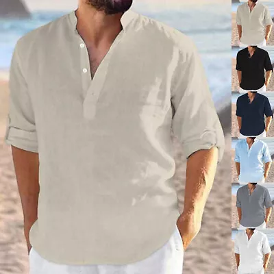 $9.49 • Buy Mens V-Neck Cotton Linen Shirts Casual Beach Solid 3/4 Sleeve Shirt Blouse Tops