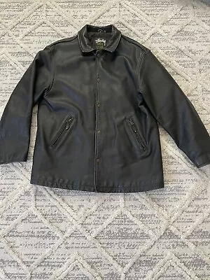 Vintage Stussy World Tribe Leather Coat Trench  Motorcycle Jacket XL Rare • $349.99