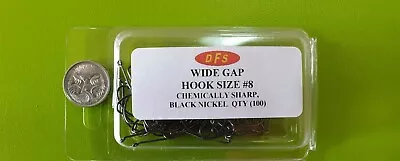 100 DFS Size #8 WIDE GAP FISHING HOOK Chemical Sharp Black Nickel Tackle • $14.60