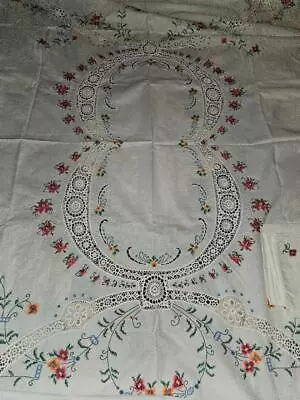 Vtg Cotton Embroidered & Lace Shabby Cottage Tablecloth 82X64 & (8) 15  Napkins • $15.50