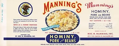 Mrs Manning's Hominy Pork & Beans Vintage Vegetable Can Label Baltimore MD 1940s • $12.50