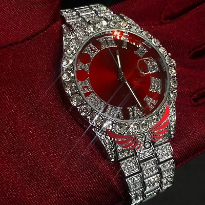 Mens Iced Out Watch Red Face- Luxury Crystal CZ Bling Stainless Steel Timepiece • £24.99