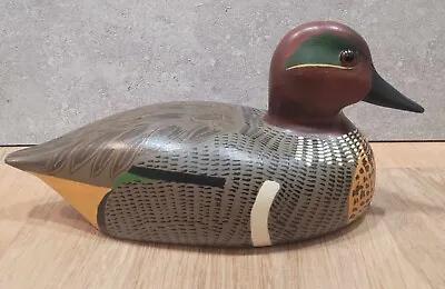 Vtg Signed Hand Carved Glass Eye Painted Wood Green Winged Teal Duck Decoy Maine • $94.95
