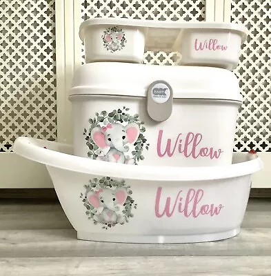 £15 • Buy Personalised Baby Bath, Baby Box, Top And Tail Tray Pink Elephant Wreath Design