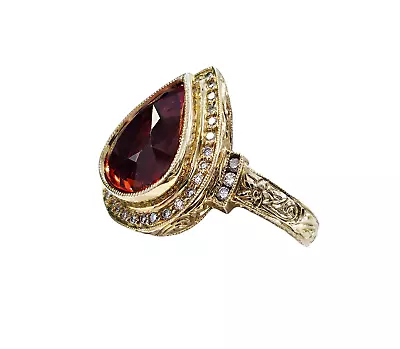 Pear Shape Bezel Set Mandarin Garnet With Diamond Halo Made In 18k Y.G • $2249