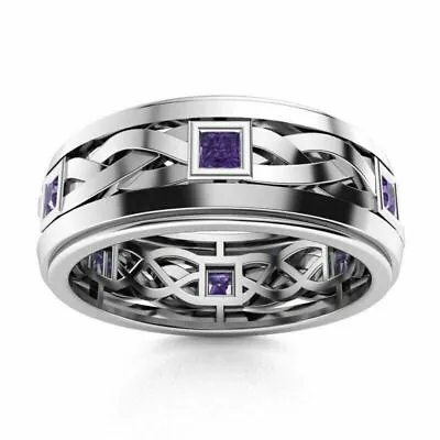 2Ct Simulated Blue Sapphire Mens Celtic Wedding Band Ring In 14k White Gold Over • $127.49