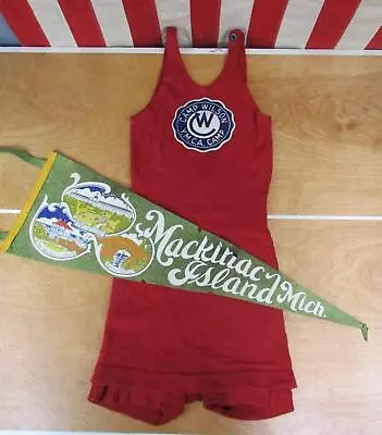 Vintage 1920s Antique Wool Swimsuit Camp Wilson YMCA Patch Bathing Suit Pennant • $425